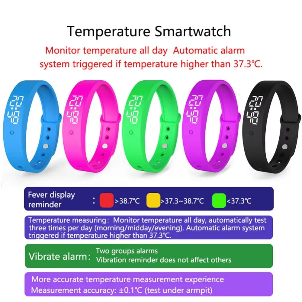 LED Digital Smart Bracelet Waterproof Smart Clock Smartband with Body Temperature Monitor Smart Band Vibration Alarm Reminder